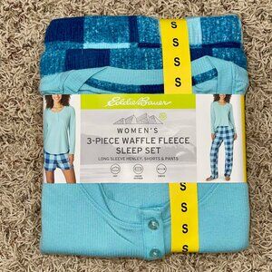 Eddie Bauer Women's 3-Piece Waffle Knit Pajama Set Blue, Size Small (New)